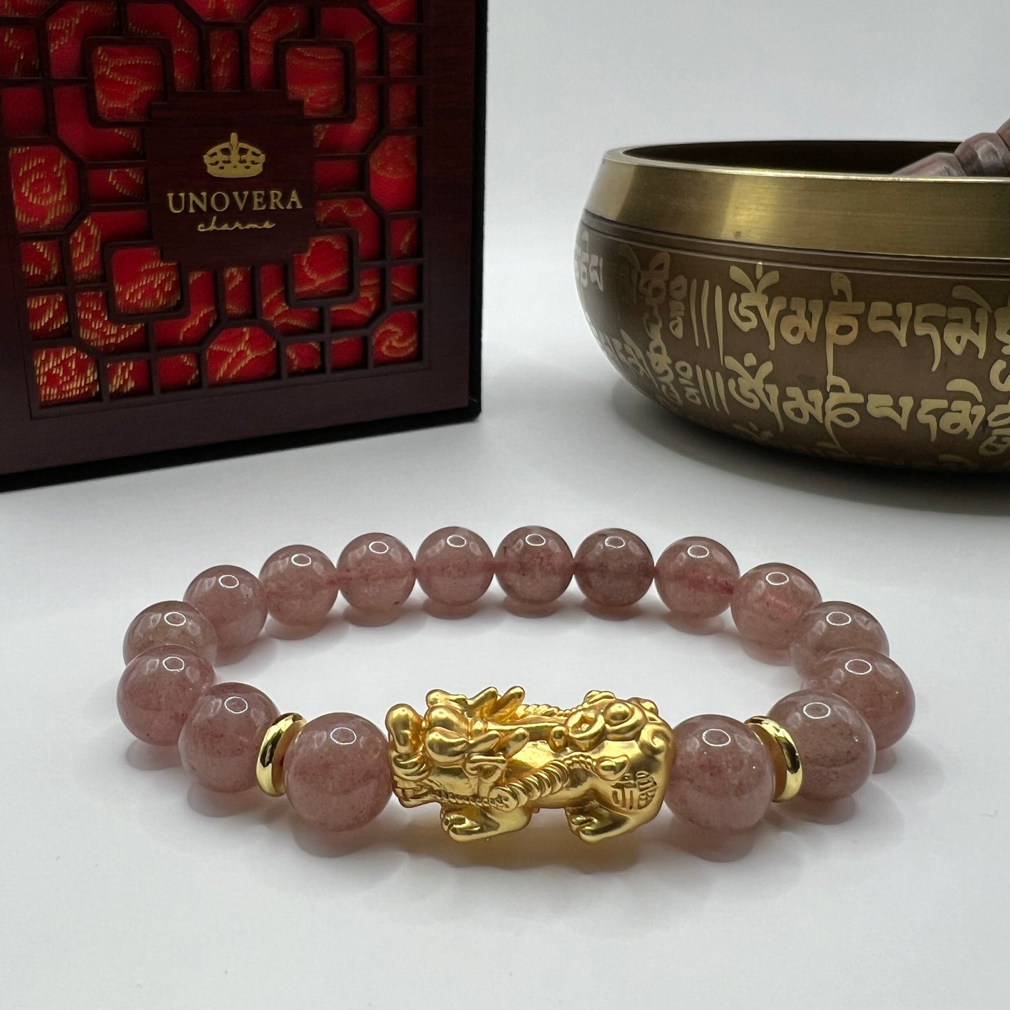 Strawberry Quartz with 24k Gold PiYao for True Love - Protection - Balance