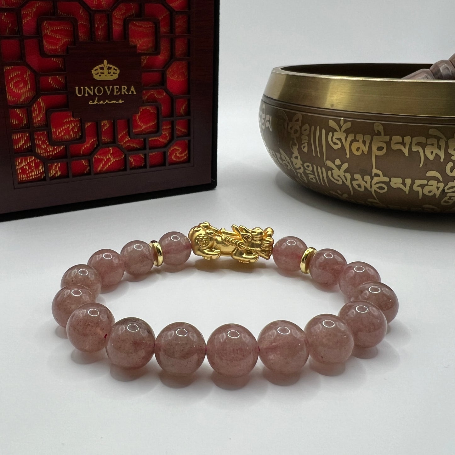 Strawberry Quartz with 24k Gold PiYao for True Love - Protection - Balance