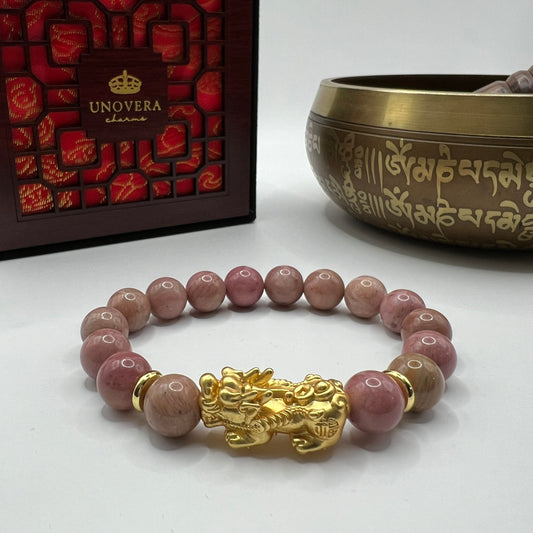 Rhodonite with 24k Gold PiYao for Inner Peace - Money Catcher - Protection