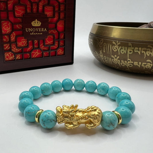 Turqouise with 24k Gold PiYao for Positive Thinking - Money Catcher - Strength