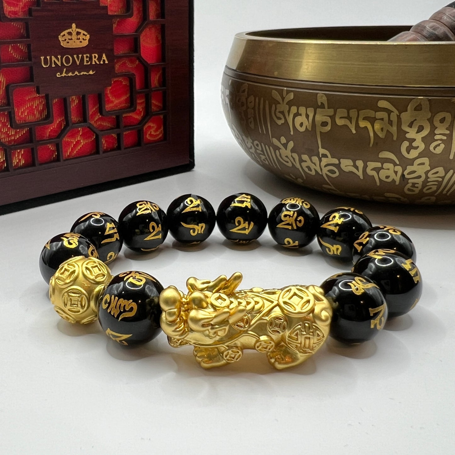 14mm Black Onyx Mantra with 24 Karat Gold Lucky PiYao and Money Ball for Abundance and Money Catcher