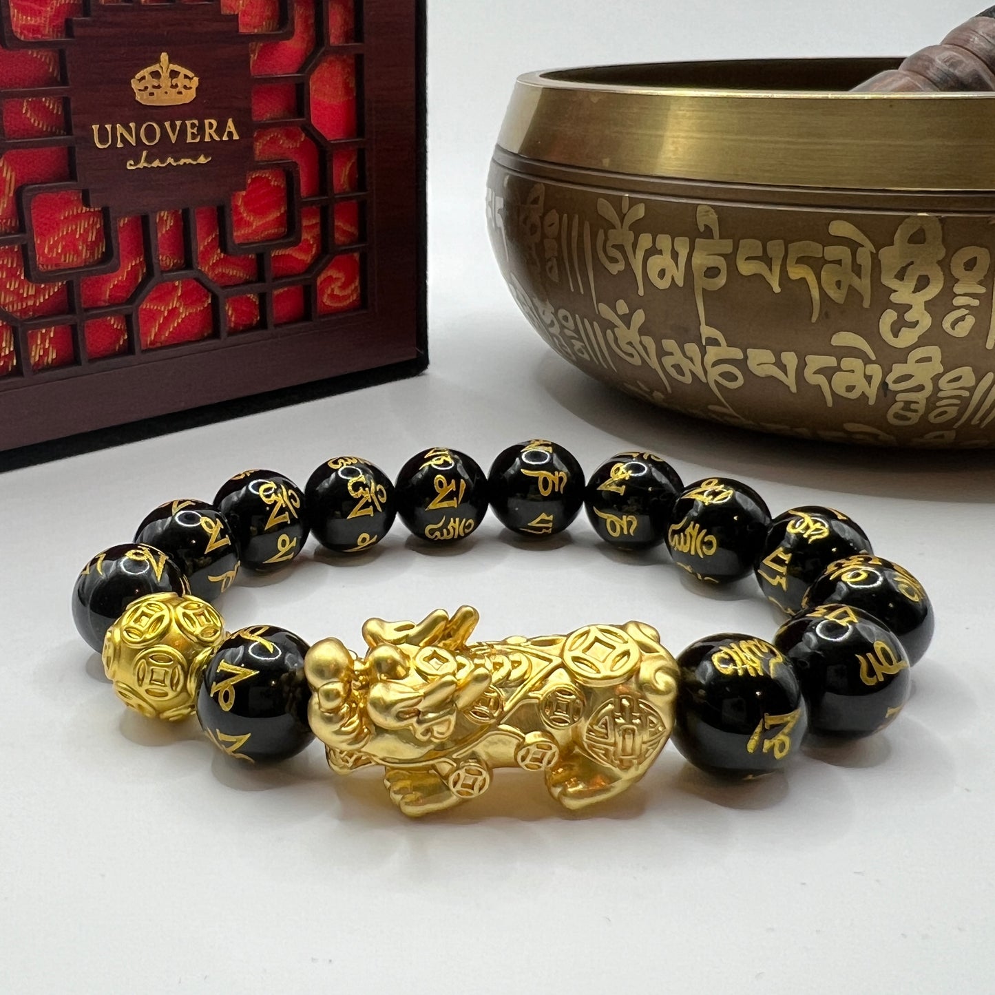 12mm Black Onyx Mantra with 24 Karat Gold Lucky PiYao and Money Ball for Abundance and Money Catcher