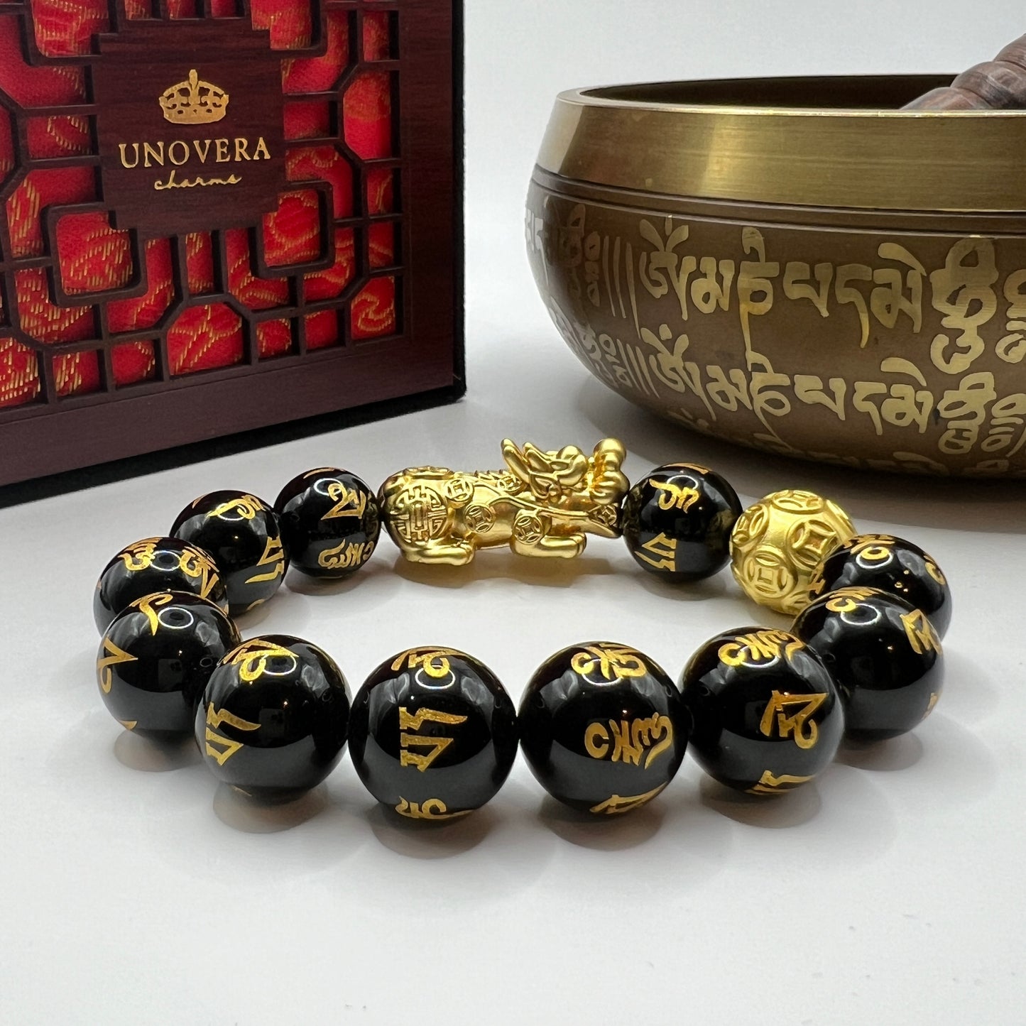 14mm Black Onyx Mantra with 24 Karat Gold Lucky PiYao and Money Ball for Abundance and Money Catcher