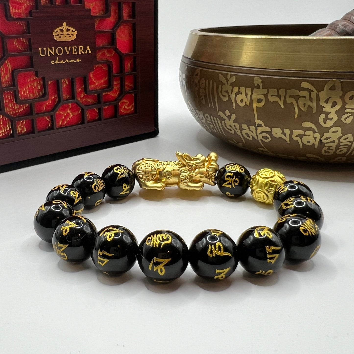 12mm Black Onyx Mantra with 24 Karat Gold Lucky PiYao and Money Ball for Abundance and Money Catcher