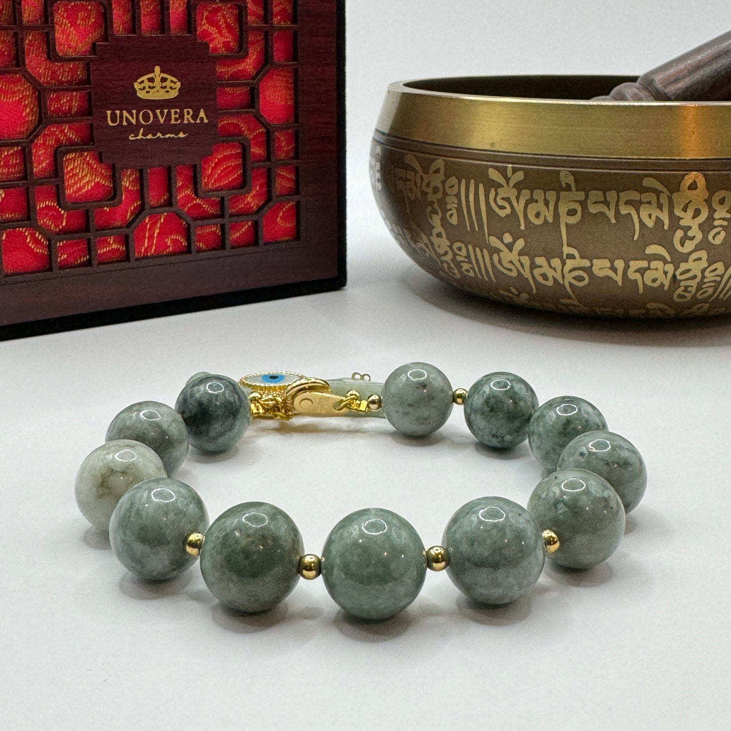 12mm Burmese Jade with 3 Charms - For Good Luck, Prosperity, Good Health & Protection