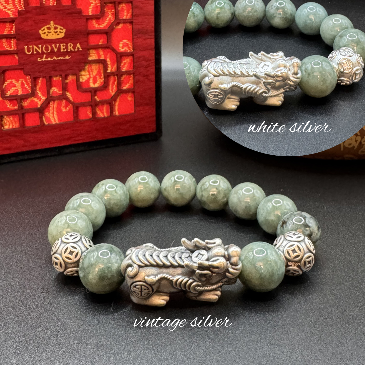 13mm Premium Jade w/ Sterling Silver Plated Piyao for Good Fortune, Wealth & Health