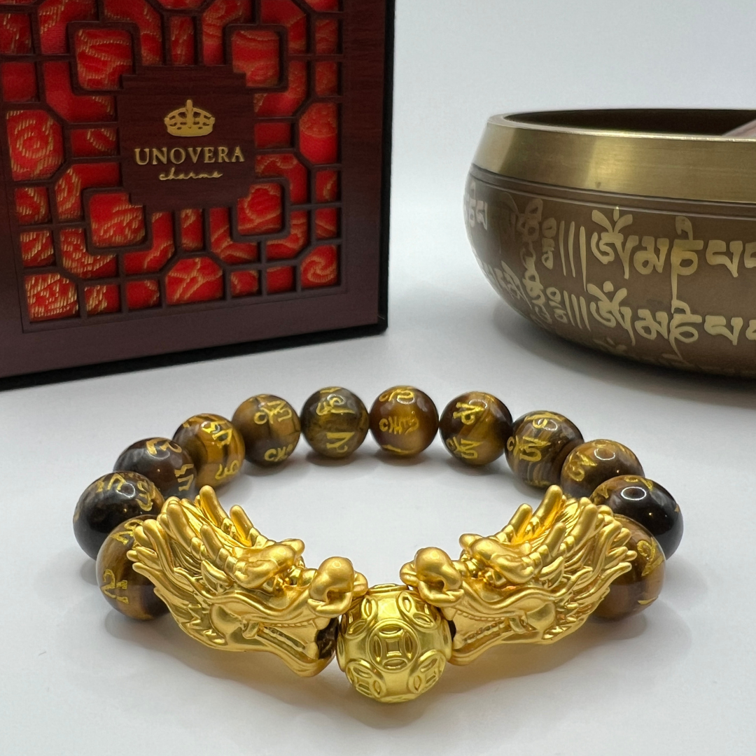 Tigers Eye Mantra 12mm with Double Head Dragon  - Double your Wealth and Protection